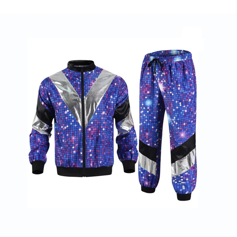 80s 90s Retro Disco Suit Adult Men Cosplay Party Stage Costume Fashion Color Matching Retro Sportswear Suit