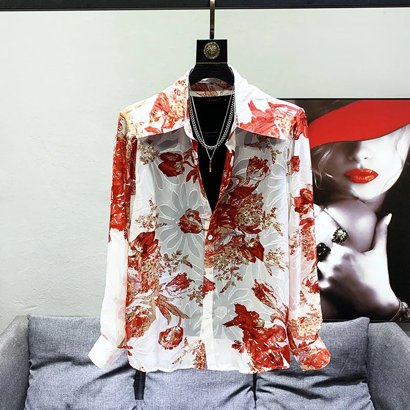 PFHQ Autumn Men's Temperament Light Luxury Thin Tops Breathable Jacquard Lapel Shoulder Pad Print Creativity Tide Shirts 21Z1993