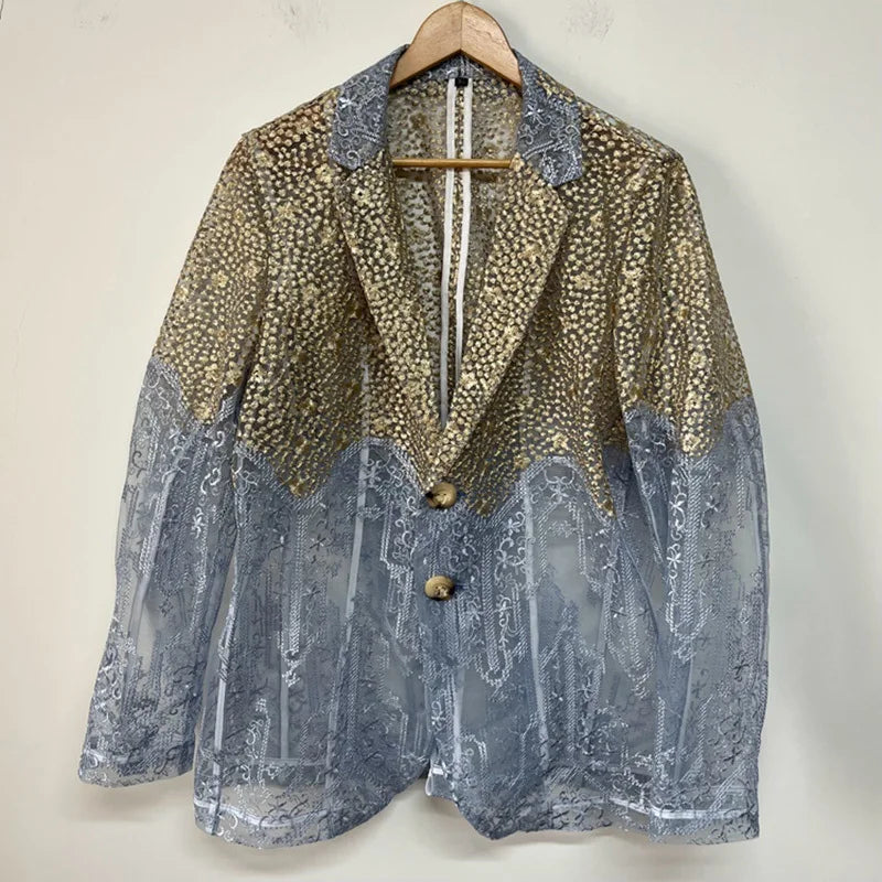 PFHQ Perspective Design Male Blazers Tide Summer Breathable Cool Handsome Organza Embroidered Men's Creativity Thin Coat 21Z4560