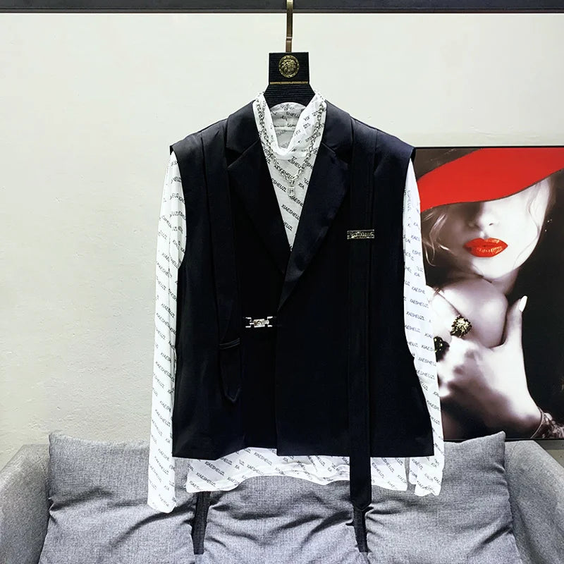 PFHQ 2023 Summer New Fashion Casual Men's 2 Pcs Set Solid V-neck Sleeveless Blazer Vests Straight Pants Sets Men Tide 21F3959