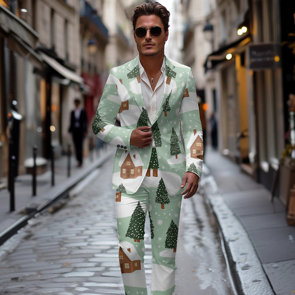 Men's and women's slim fit nightclub style suits Christmas snow picture doodle digital printed jackets and men's long pants sets