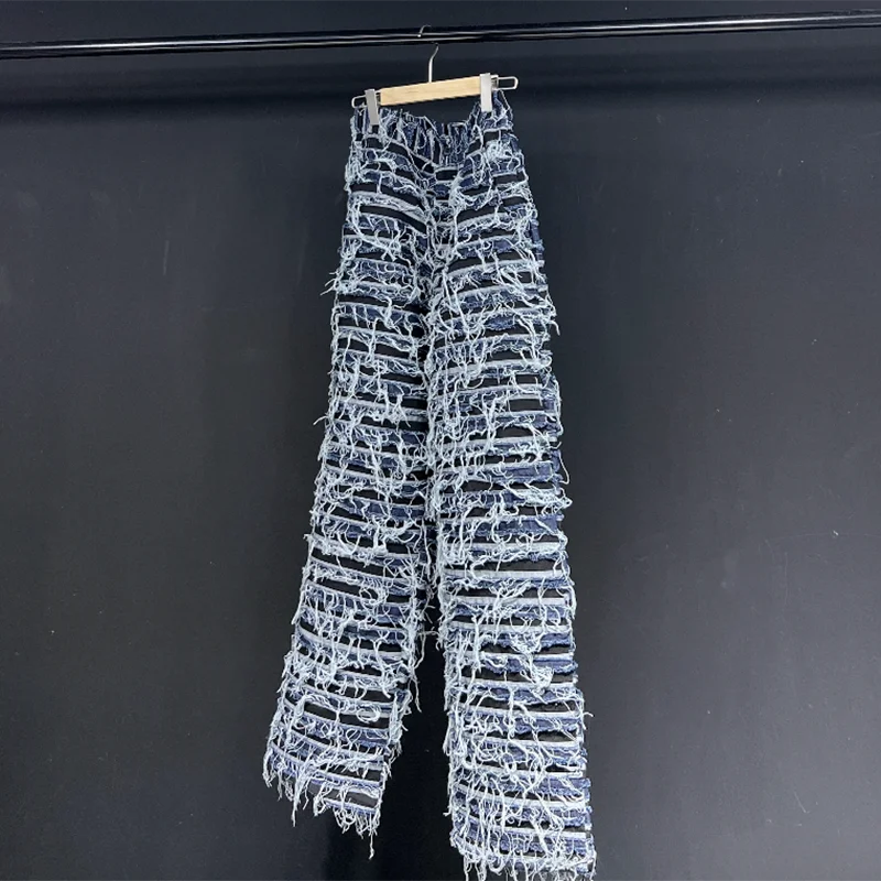 PFHQ Fashion Casual Jeans For Men New Solid Color Striped Burr High Waist Straight Denim Pants Men's Summer 2023 Tide 21F3835