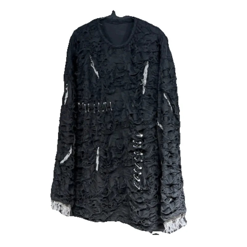 PFHQ Long Sleeved Male T-shirt Niche Hole Pin Design Breathable Summer Baggy Darkwear Men's O-Neck Tops Versatile Chic 21Z4634