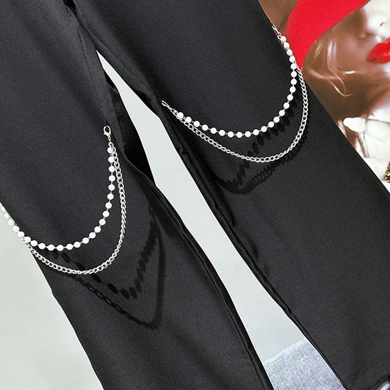 PFHQ Trendy fashion versatile men's casual pants Korean fashion new pearl chain design 2024 solid color male trousers