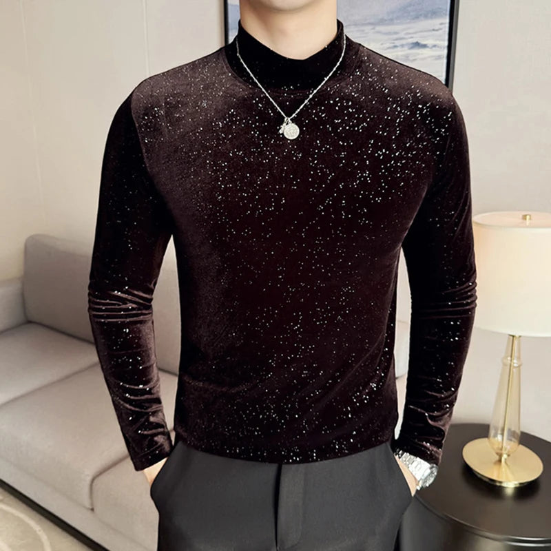 PFHQ Fashionable Starry Sky Long Sleeved T-shirts Mock Neck Pleuche Solid Color Male Tops Slim Casual Menswear Clothing 21Z9021