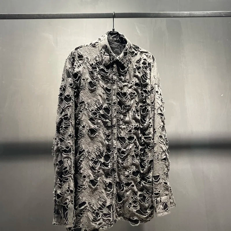 PFHQ 2023 Trendy Elegant Broken Hole Vintage Design Men's Shirts Long Sleeve High Quality Male Spring Stylish Street Jackets New
