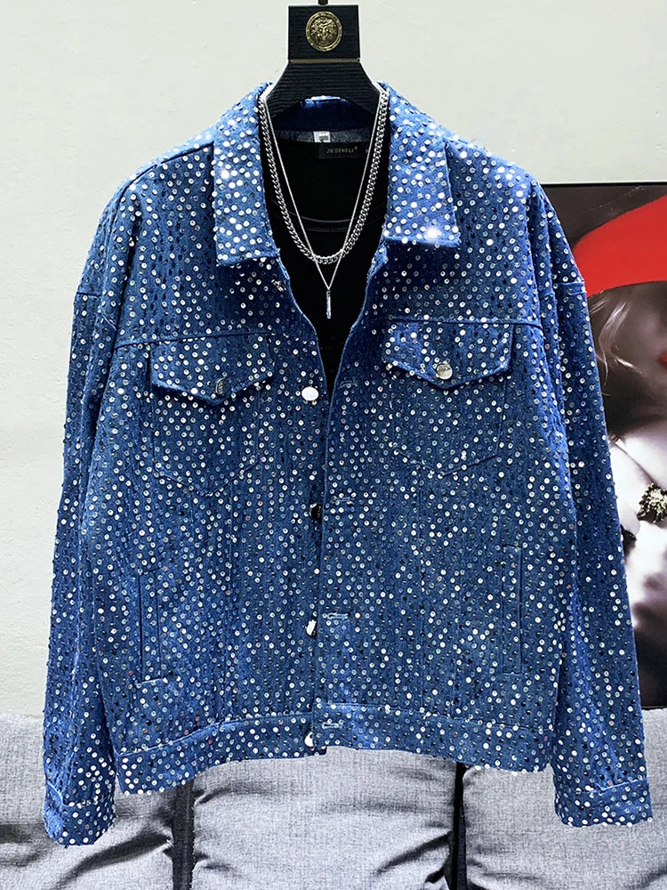 PFHQ Niche Design Street Sequin Denim Jacket Men's Personality Handsome Shiny Coat High Quality Elegant Trendy 2023 Spring New