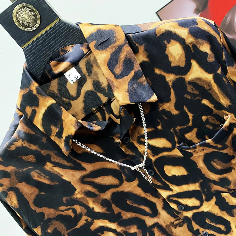 PFHQ 2023 Summer New Fashion Leopard Print Shirts For Men Turn-down Collar Long Sleeve Loose Men's Blouse Clothing Tide 21F3490