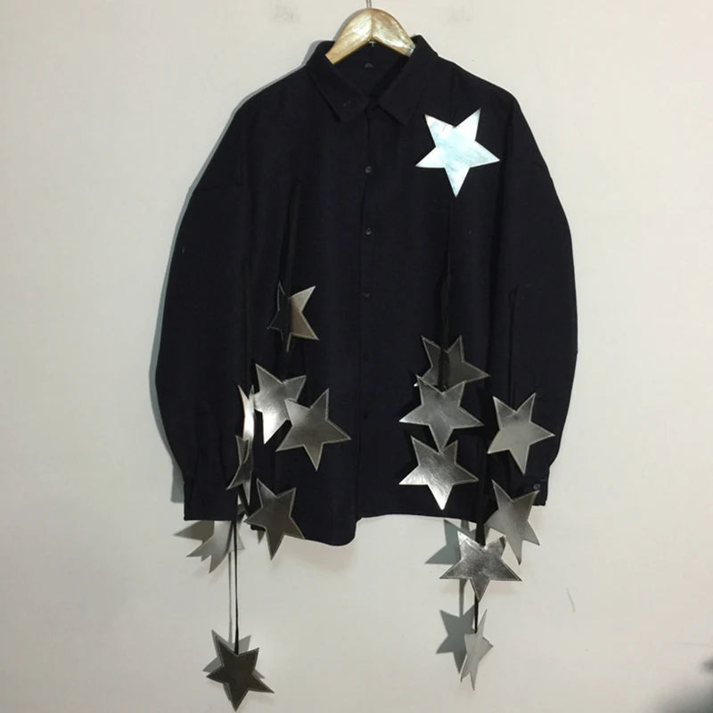 PFHQ 2023 Summer New Fashion Pentagram Decoration Shirts For Men Long Sleeve Single Breasted Loose Men's Blouse Clothing 21F3692