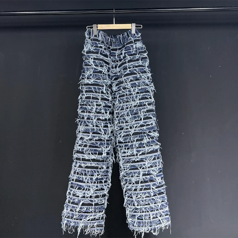 PFHQ Fashion Casual Jeans For Men New Solid Color Striped Burr High Waist Straight Denim Pants Men's Summer 2023 Tide 21F3835