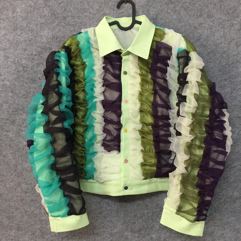 PFHQ Men's Trendy Colorful Contrast Organza Jackets Loose Fitting Sweater Cool Light Luxury High Quality Creativity Coat 21Z1424
