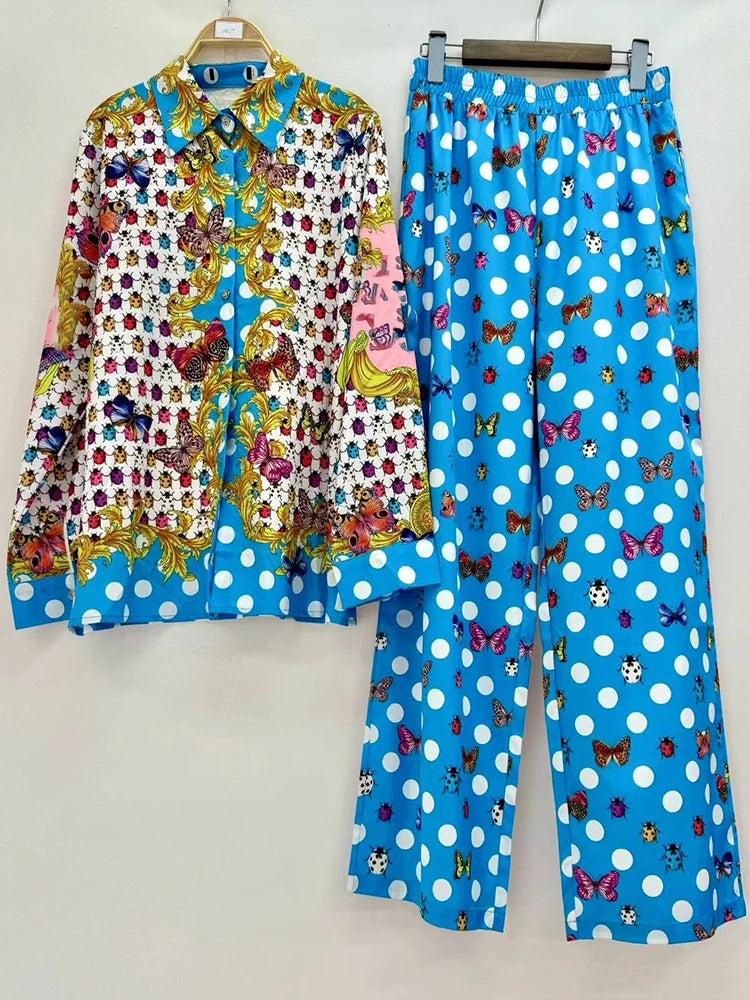 Retro designer printed long-sleeved shirt 2024 autumn women's new two-piece suit+elastic waist wide-leg trousers fashion suit