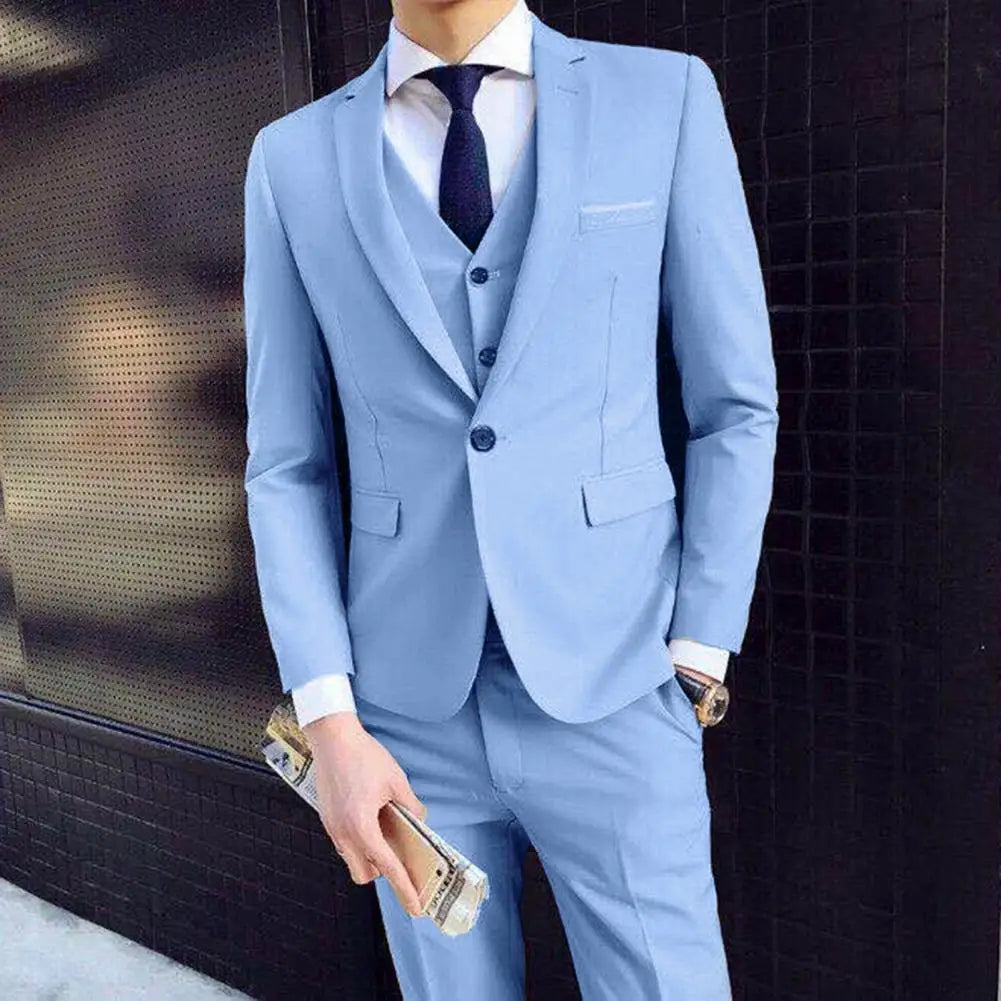 Men Three-piece Suit Stylish Men's Wedding Suit Set Slim Fit Solid Color Anti-wrinkle Formal Business Style with Turn-down