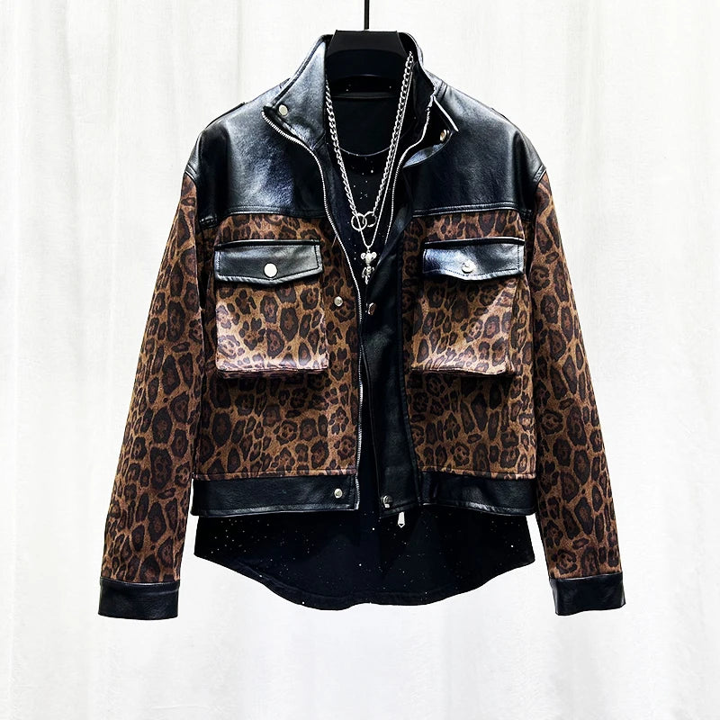 PFHQ Retro Leopard Men's Print Jacket Personalized Design Spliced PU Leather Short Imitation Suede Coat Patchwork 21Z7553