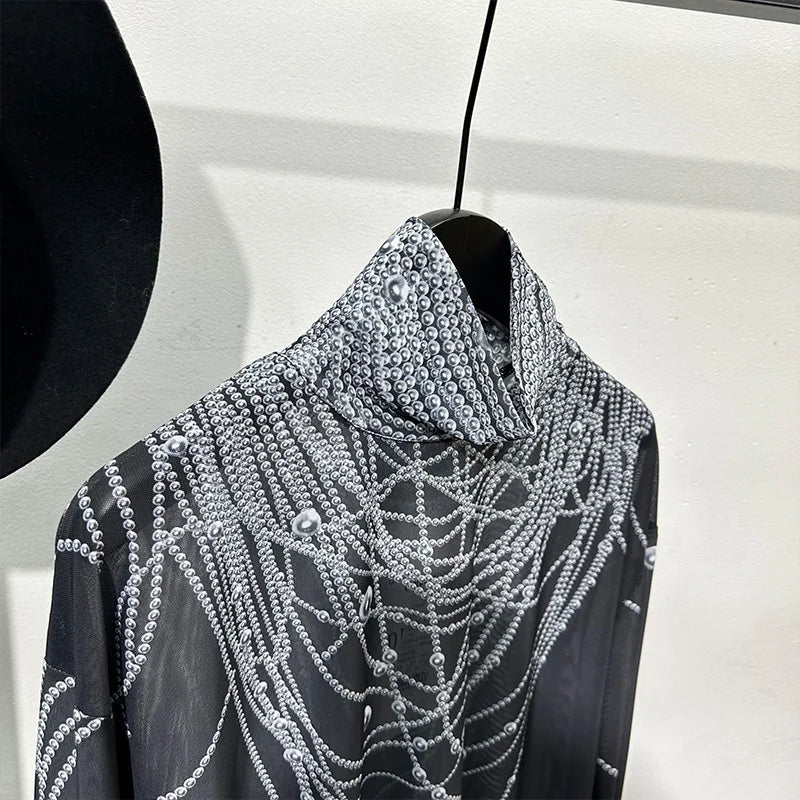 PFHQ Perspective Print High Necked Male T-shirt Transparent Nightclub Stage Luxury Thin Three-dimensional Tops Summer 21Z4882