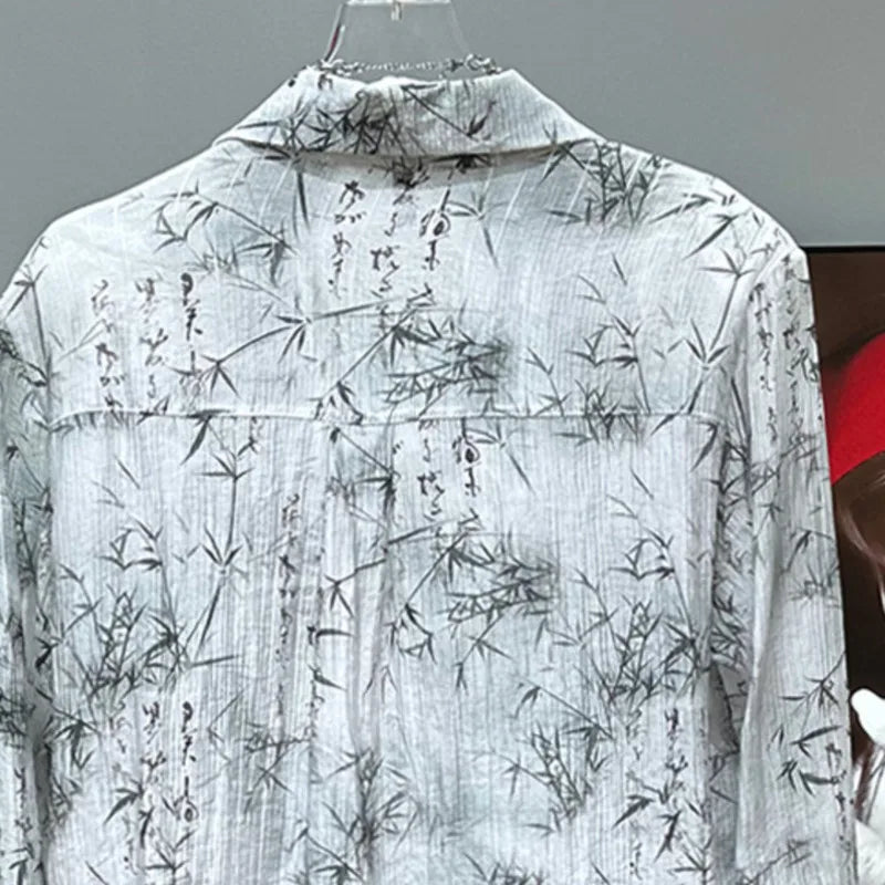 PFHQ Men's Shirts New Chinese Style Ink Bamboo Pattern Summer Thin Versatile Long Sleeved Temperament Male Tops Summer 21Z4612