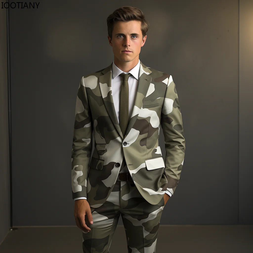 Geometric Camouflage Tactical Handmade Suit Men's 3d Digital Printing Suits Cos Party Stage Nightclub Shiny Cool Performance Set