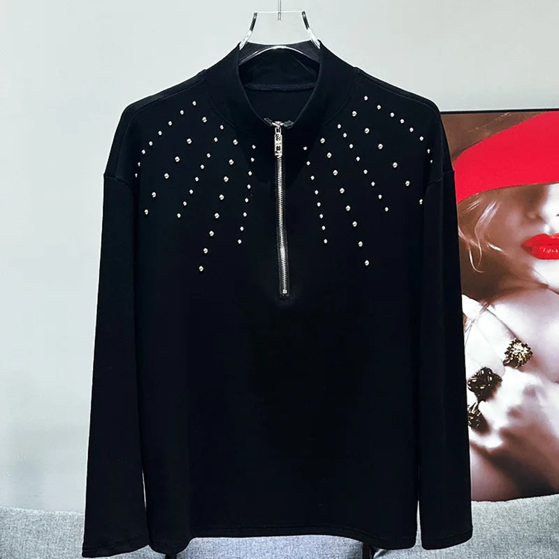 PFHQ Menn T-shirt New Korean Fashion Trend Metal Rivet Decoration Zipper Design Versatile Half High Neck Base Tops 21Z6904