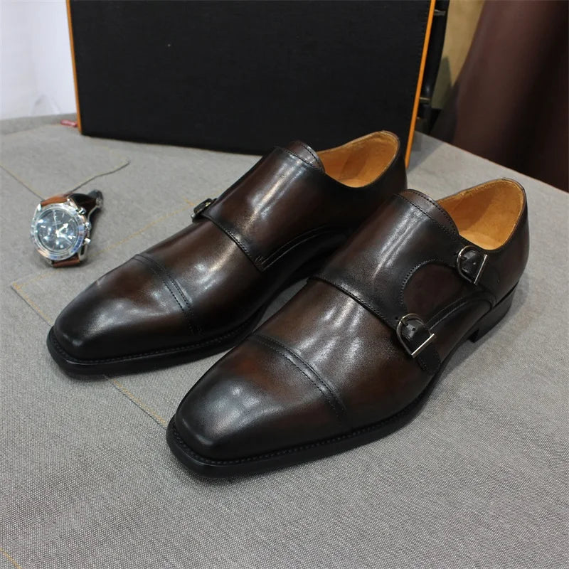 Luxury Handmade Genuine Leather Men's Shoes Formal Classic Double Buckle Monk Shoes Pointed Toe Business Dress Wedding Men Shoes