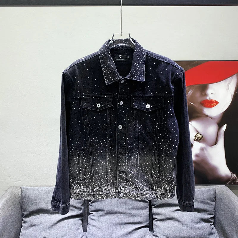 PFHQ High Quality Sky Star Hot Diamond Denim Jackets Men's Versatile Handsome Loose Tide Glisten Motorcycle Coat Autumn 21Z2936