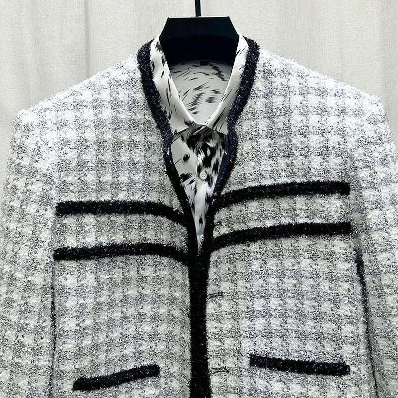 PFHQ New Personalized Spliced Contrasting Woven Plaid Short Jacket Korean Fashion 2024 Long Sleeve Male Tops Casual 21Z6303