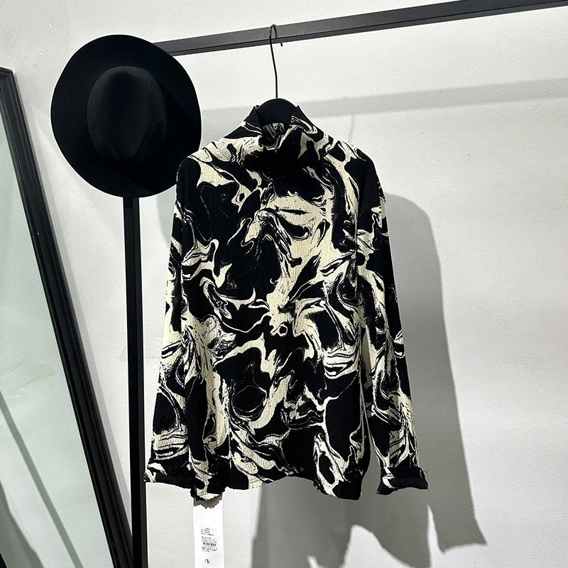 PFHQ Men's Graffiti Print Loose T-shirt Standing Collar Pullover Pleated Handsome Turtleneck Abstraction Art Summer Tops 21Z4379