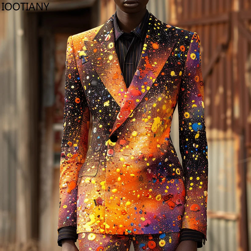 Men's Colorful Painting Suit British Men's Suit Jackets And Pants Nightclub Stage Cool Performance Suits Wedding Banquet Suits
