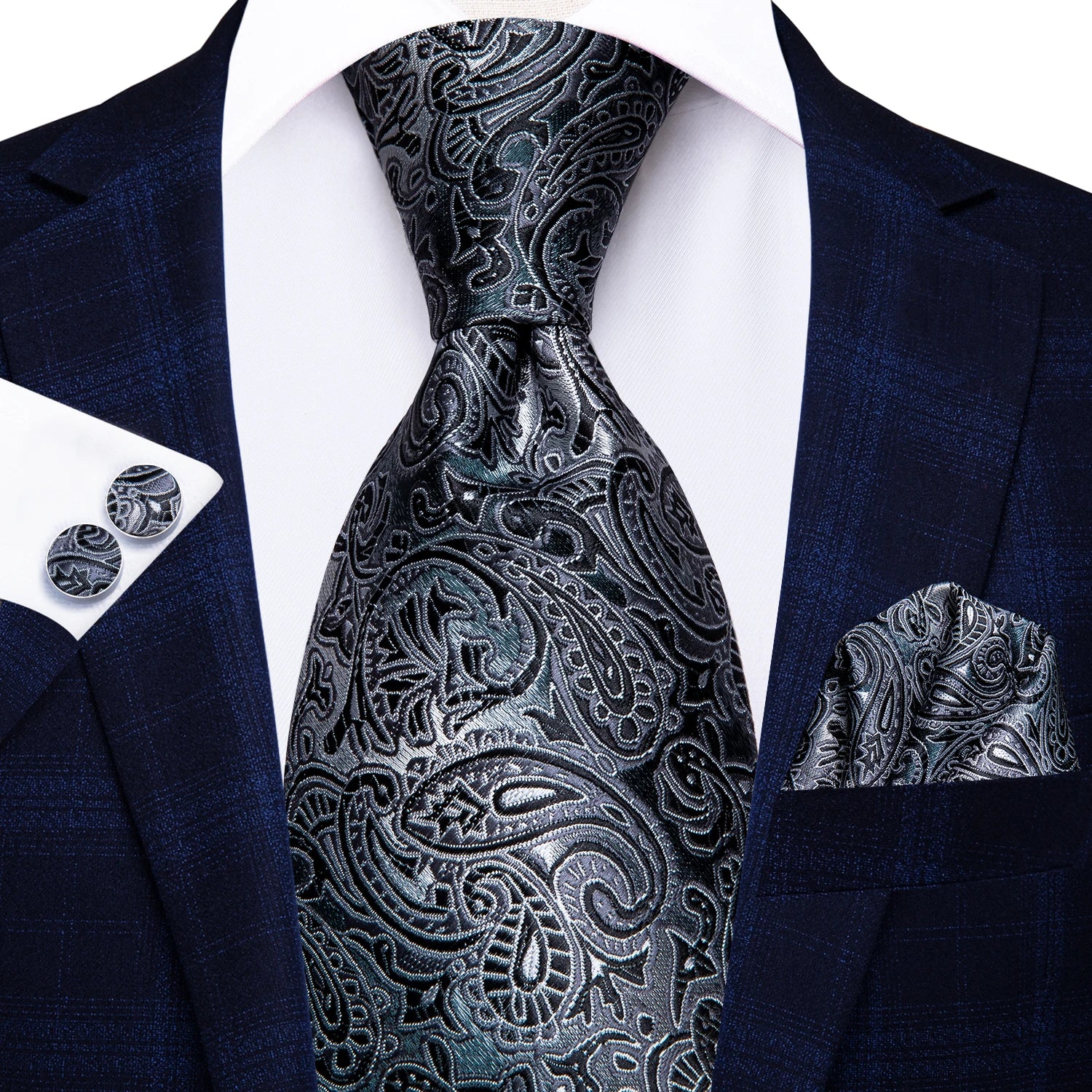 Hi-Tie Red Fashion Paisley 100% Silk Men's Tie Set 8.5cm Wedding Ties For Men New Design Hanky Cufflinks Set Quality Necktie