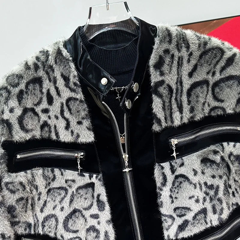 PFHQ Autumn Winter Leopard Print Men's Fur Coat New Style Patchwork Design Men's Thick Plush Short Jacket Trendy 21Z7244