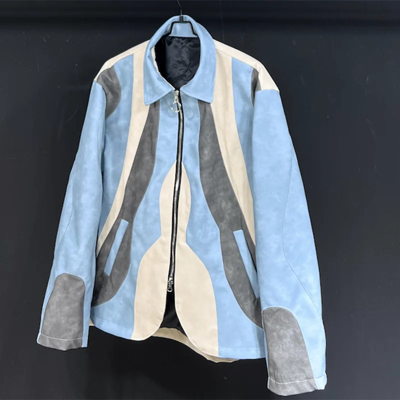 PFHQ PU Contrast Color Male Jackets Turn-down Collar Niche Design Silhouette Spring Men's Zippers Heavy Industry Coat 21Z4258