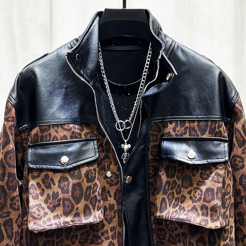 PFHQ Retro Leopard Men's Print Jacket Personalized Design Spliced PU Leather Short Imitation Suede Coat Patchwork 21Z7553