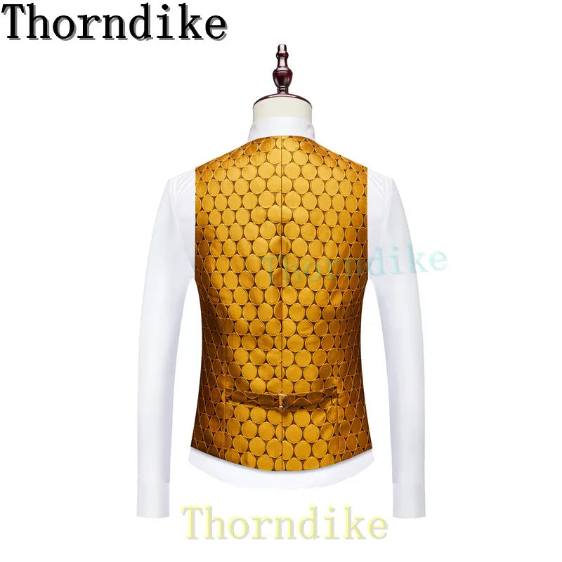 Thorndike 2022 New Yellow Pattern Men Party Tuxedos Suits 3 Pieces Latest Lapel Men Suits Buttons Fashion Style Suits