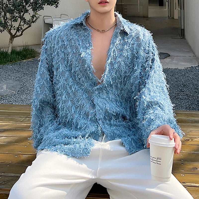 PFHQ Men's Korean Style Long Sleeved Shirts Handmade Three-dimensional Feather Creativity Solid Color Mesh Tops Summer 21Z4224