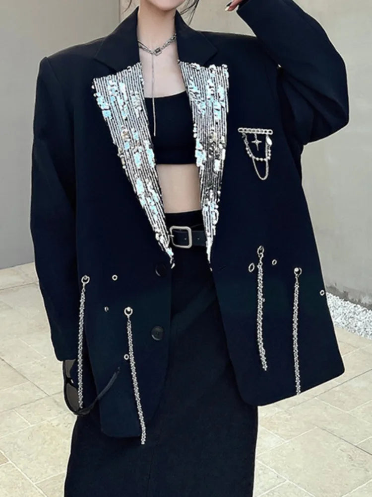 UCXQ Tide Blazer Coat High Street Metal Chain Lapel Splicing Sequin Loose All Match Fashion Women's Jacket 2024 Spring Autumn