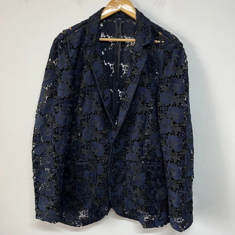PFHQ Men's Contrast Color Blazer Embroidery Hollowed Out Fashion Personalized Heavy Industry Single Breasted Coat Summer 21Z4546
