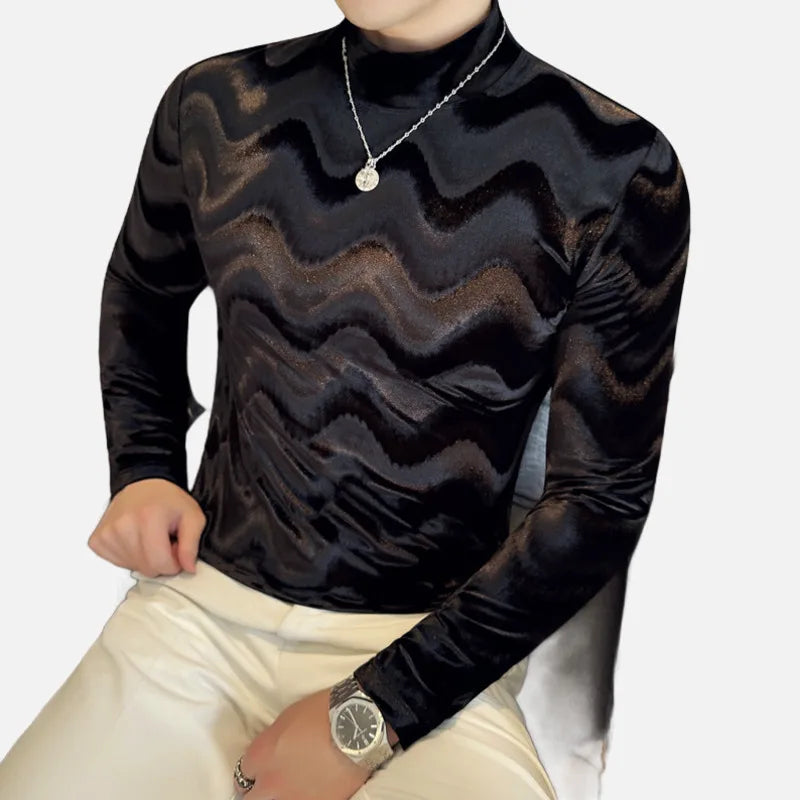 PFHQ Wave Patterned Pleuche Long Sleeved Men's T-shirt Slim Niche Design Mock Neck Solid Color Slim Male Clothing 2025 21Z9024