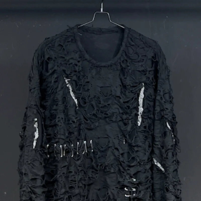 PFHQ Long Sleeved Male T-shirt Niche Hole Pin Design Breathable Summer Baggy Darkwear Men's O-Neck Tops Versatile Chic 21Z4634