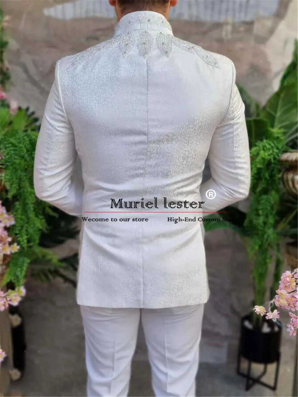 Luxury Ivory Tuxedos Men Suits Wedding Elegantes Crystals Beading Floral Jacket Vest Pants 3 Pieces Groom Tuxedos Costume Homm