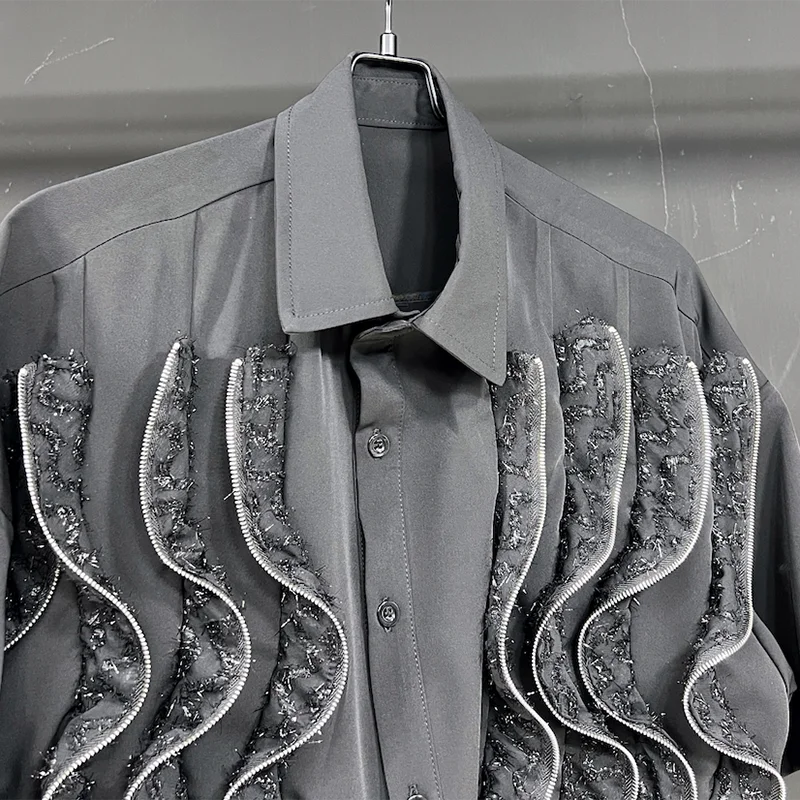 PFHQ Men's Summer Versatile Shiny Twisted Zippers Shirts Tide Lapel Short Sleeve Personality Handsome Casual Male Tops 21Z4817