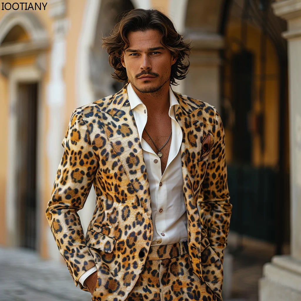 New Men's Leopard 3D Printed Suit American Slim Men's Suits Casual Party Leopard Pattern Outfit Nightclub Cool Performance Set