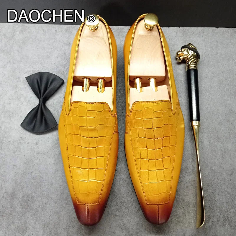 LUXURY MEN'S LOAFERS SHOES SLIP ON SPLIT TOE YELLOW CROCODILE PRINT CASUAL DRESS SHOES OFFICE WEDDING LEATHER SHOES MEN