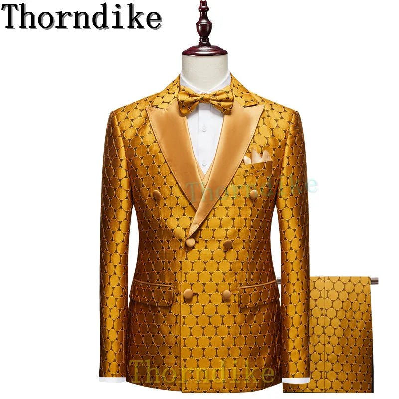 Thorndike 2022 New Yellow Pattern Men Party Tuxedos Suits 3 Pieces Latest Lapel Men Suits Buttons Fashion Style Suits