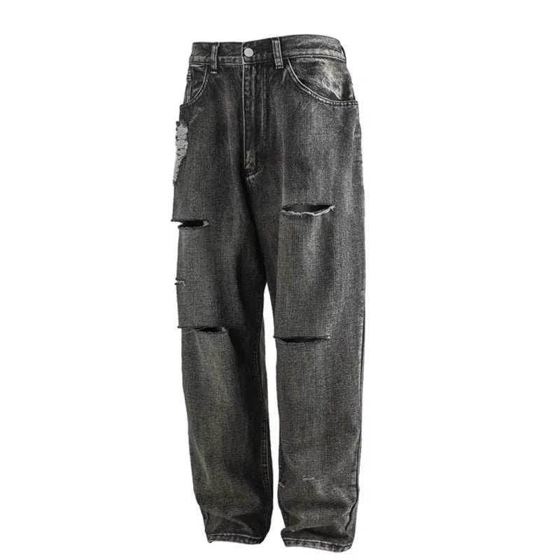PFHQ Hole Design Men Cotton Jeans Vintage 2024 Solid Color Pocket Pants High Street Male Trousers Autumn Winter 21Z6917
