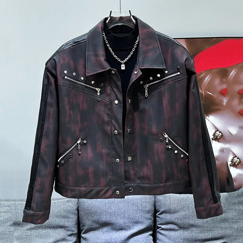 PFHQ American New Metal Willow Nail Zipper Decoration Short Jacket Autumn Winter Men's PU Leather Vintage Male Tops 21Z6073