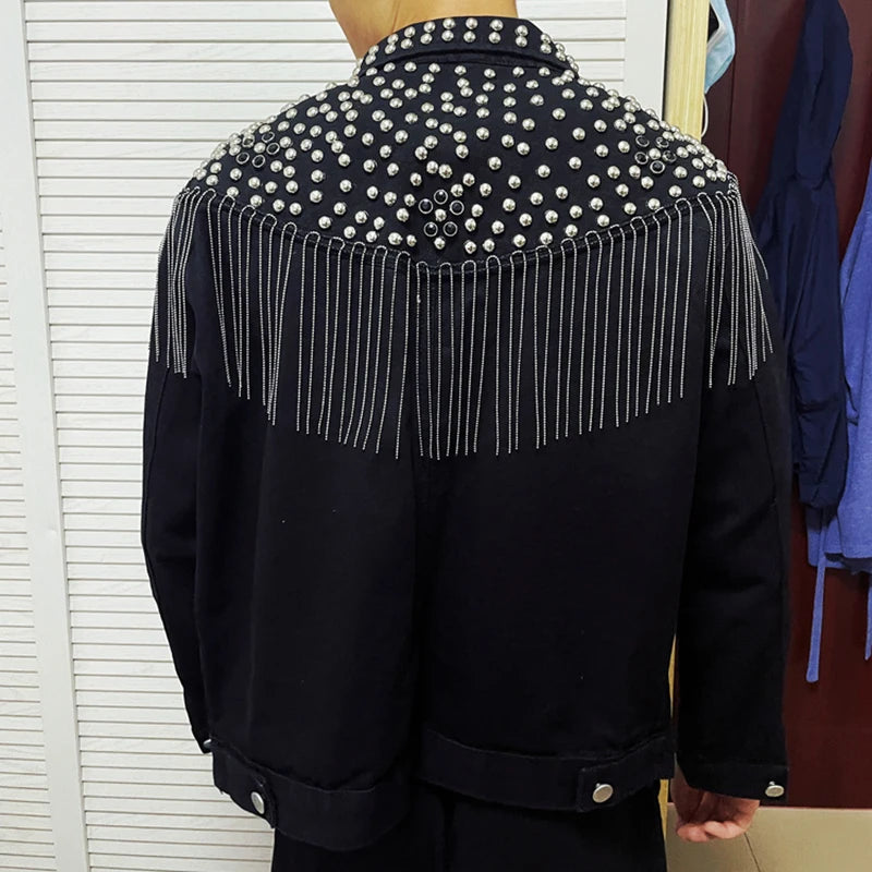 PFHQ Men's Denim Coat Short Heavy Industry Bead Tassel Korean Stage Performance Handsome Delicacy Popular Jackets Spring 21Z3714