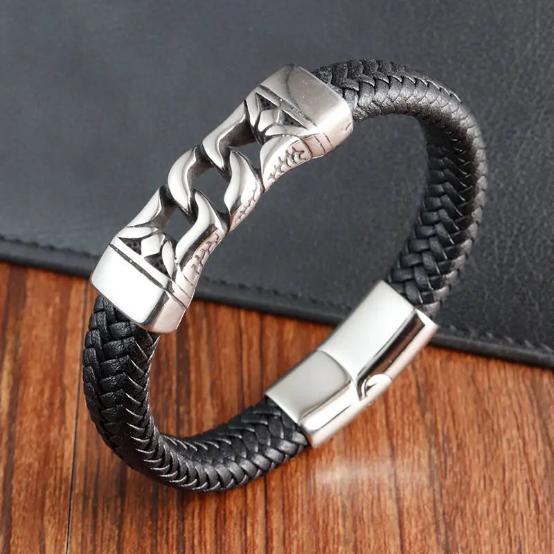 Vintage Genuine Leather Rope Bangle Man'S Stainless-Steel Silver Bracelet Luxury Men'S Accessories Wholesale