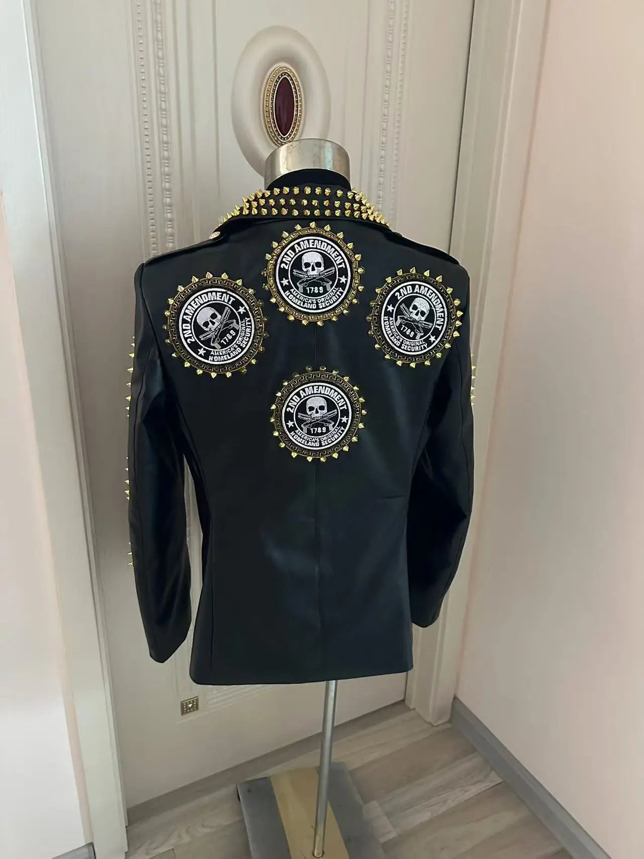 Customs Handmade Men's Cool Skeleton Rivets Leather Jacket Costumes Party club Male Singer Dancer Stage Show Performance Coat