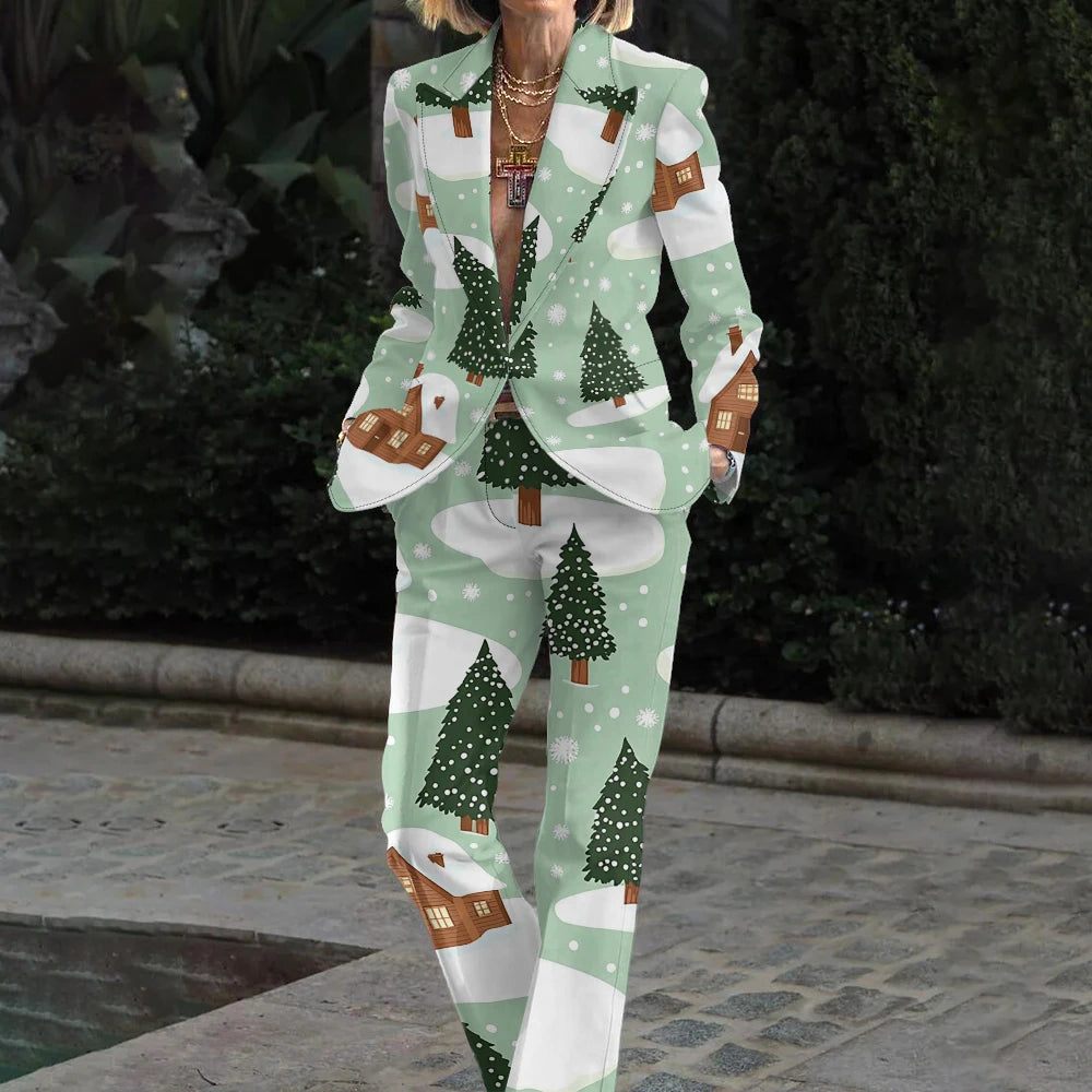 Men's and women's slim fit nightclub style suits Christmas snow picture doodle digital printed jackets and men's long pants sets