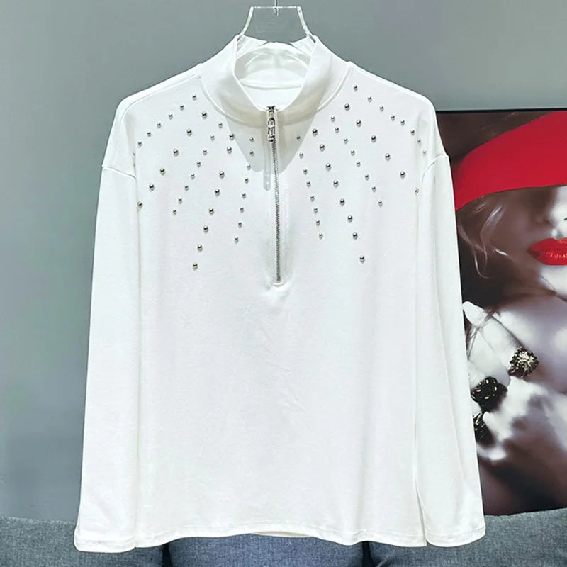 PFHQ Menn T-shirt New Korean Fashion Trend Metal Rivet Decoration Zipper Design Versatile Half High Neck Base Tops 21Z6904