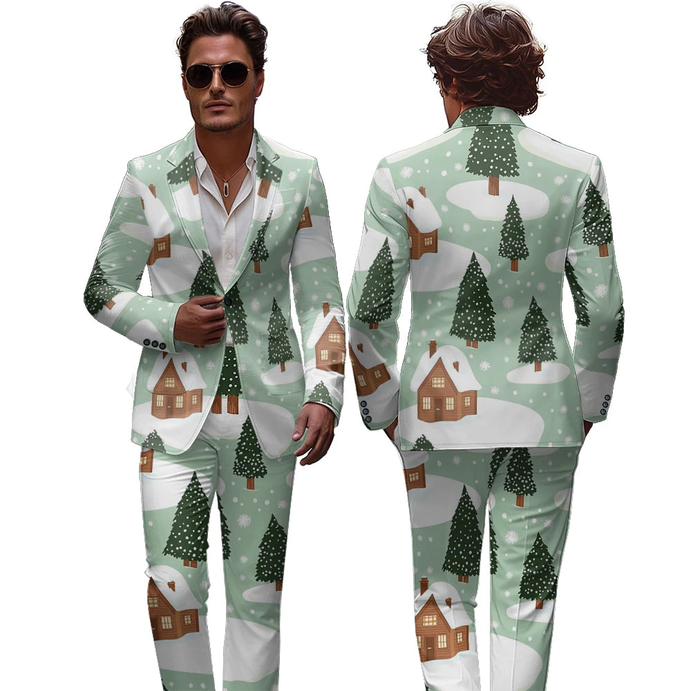 Men's and women's slim fit nightclub style suits Christmas snow picture doodle digital printed jackets and men's long pants sets